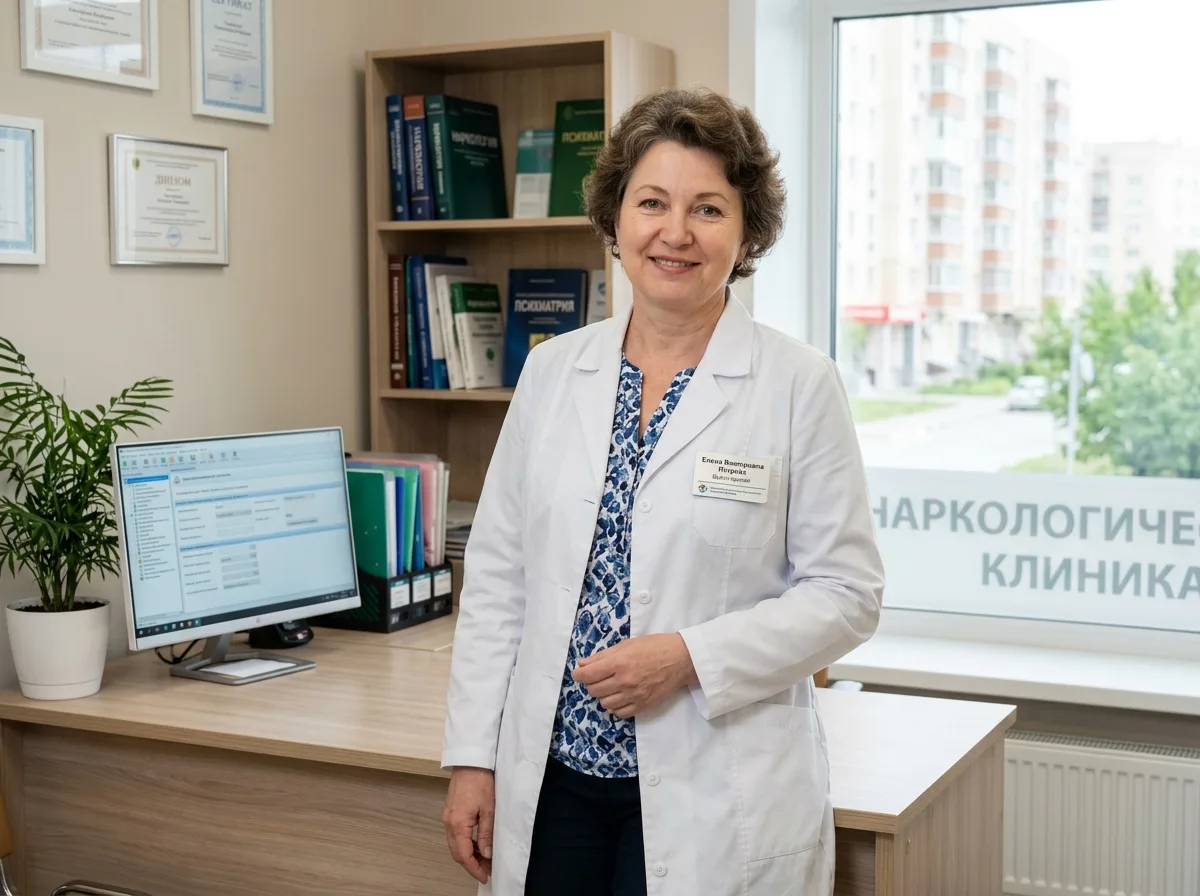 Врач-нарколог в белом халате наркологической клиники Волгоград, уверенная поза, доброжелательный профессиональный облик, современный медицинский кабинет на фоне
