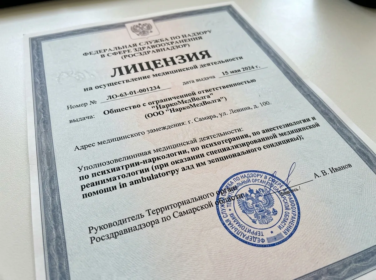Лицензия на осуществление медицинской деятельности НаркоМедВолга, документ с печатью Росздравнадзора, светлый фон